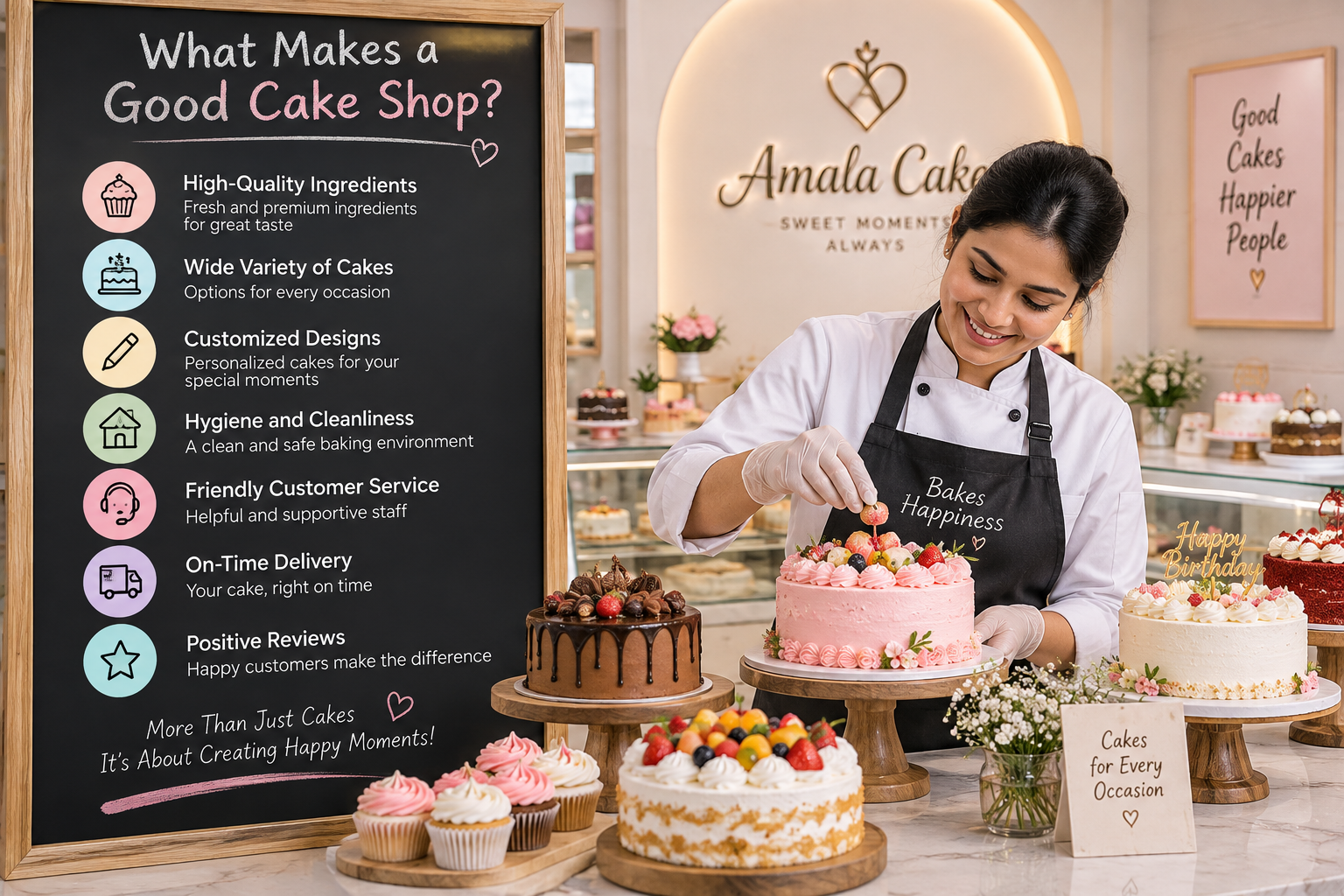 Professional cake shop with fresh cakes, custom cake designs, quality ingredients, and friendly service