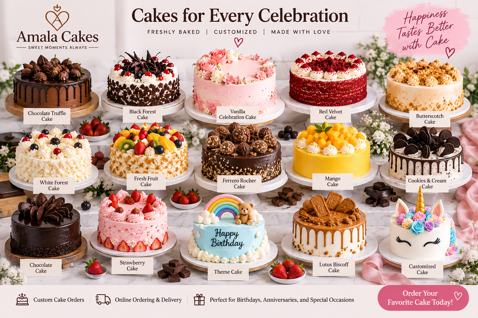 assorted cakes including chocolate truffle, black forest, vanilla, red velvet, butterscotch, fresh fruit, ferrero rocher, mango, strawberry, and customized cakes