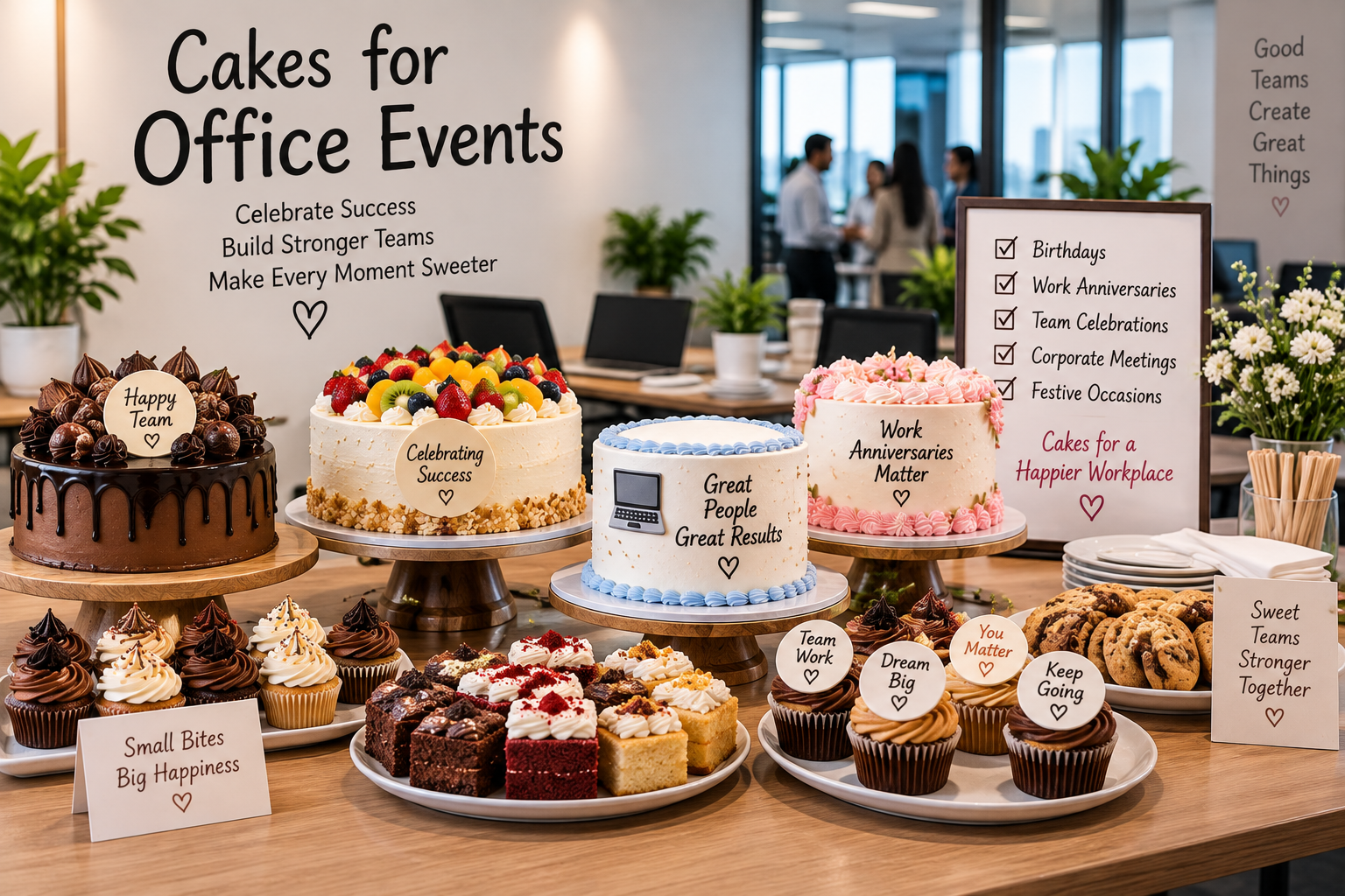 cakes for office events including team celebrations, work anniversaries, corporate meetings, and office parties