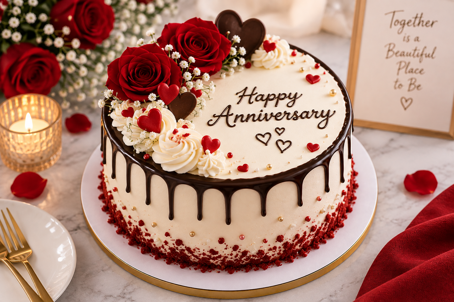 elegant anniversary cake with red roses, heart decorations, and chocolate drip design
