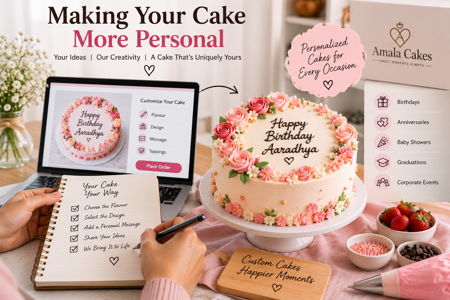 personalized custom cake with custom message, flavor, design, and decorations
