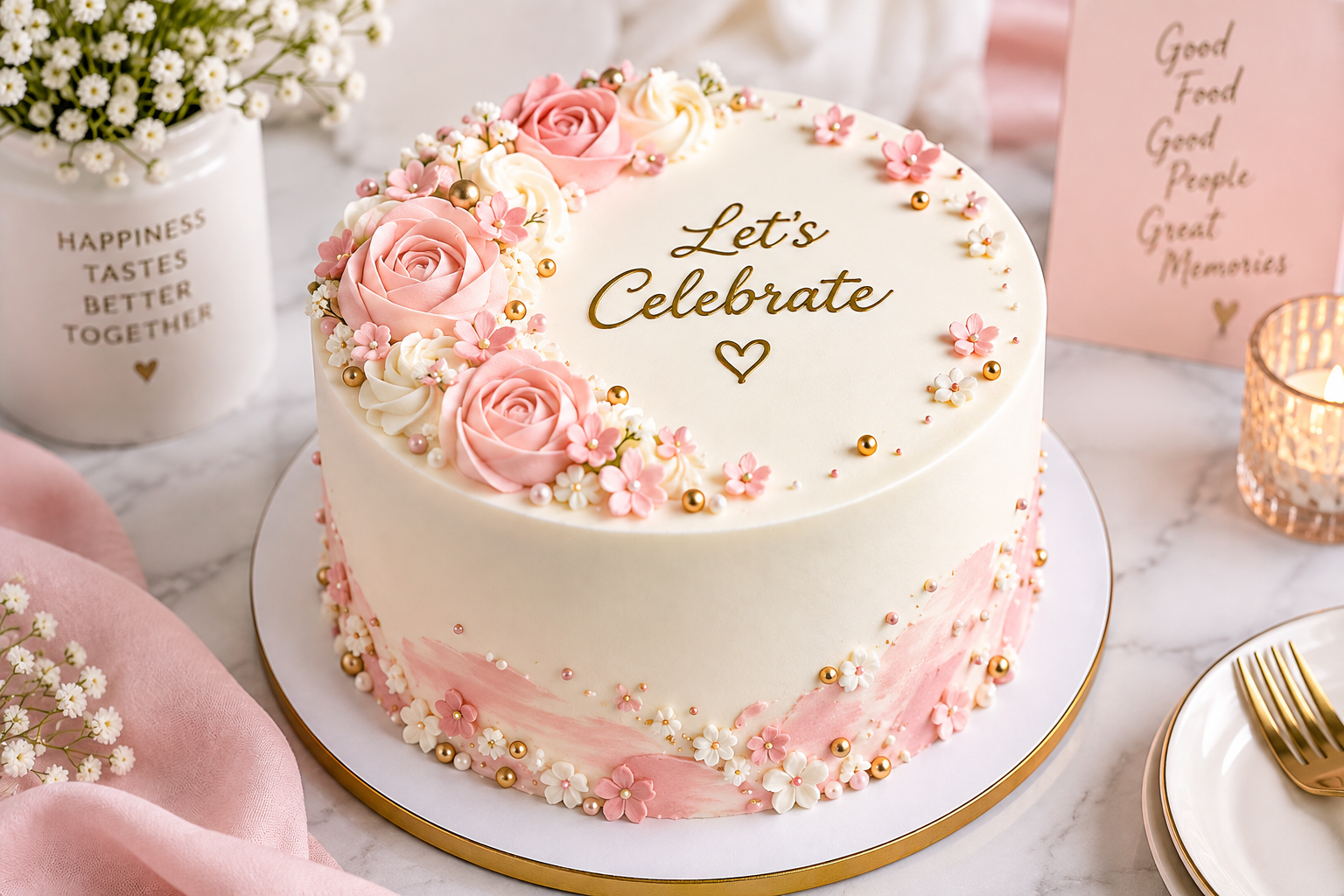Elegant celebration cake with pink and white floral decoration